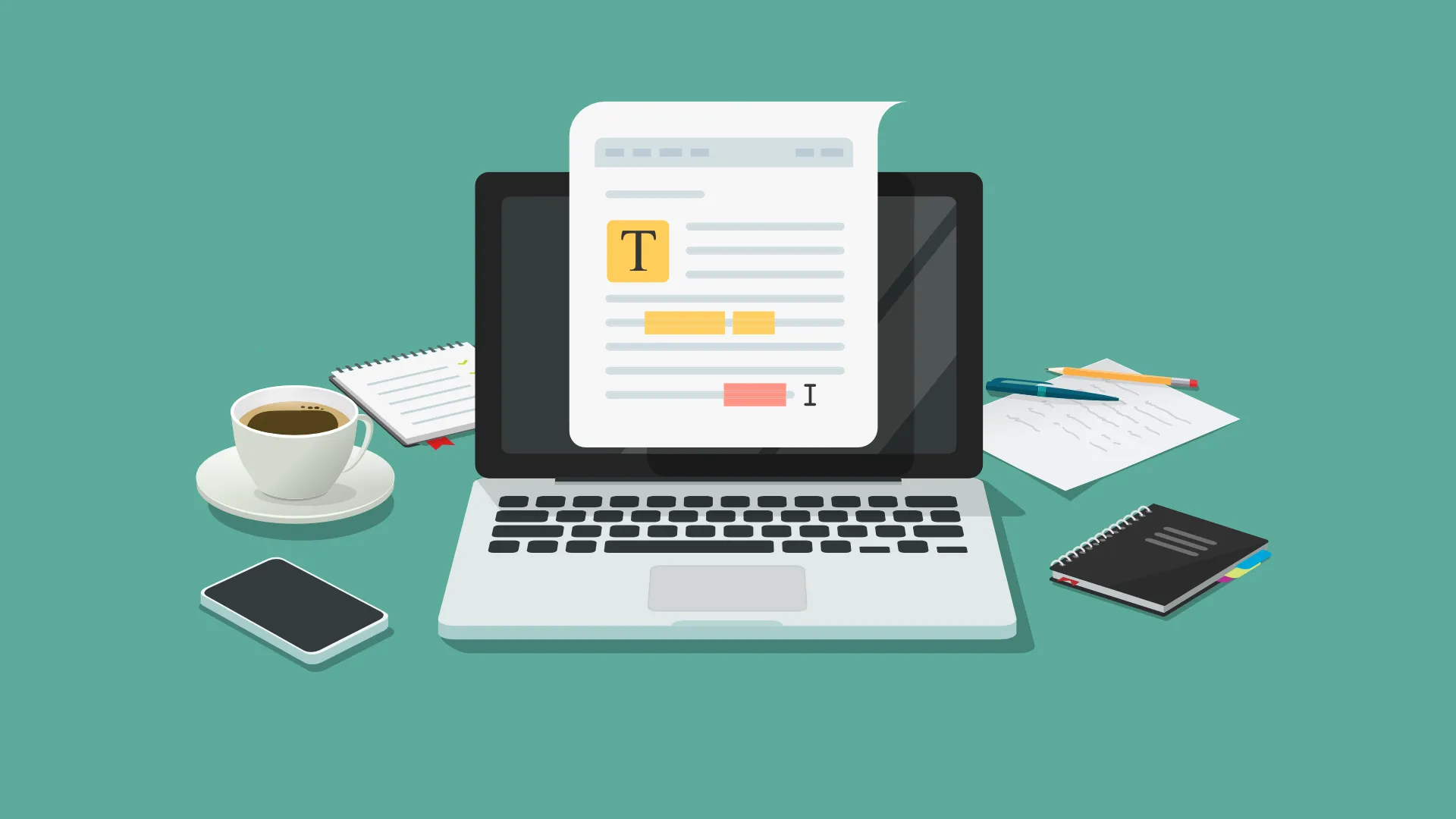 Illustration of a laptop on a desk with notes, a phone, and a cup of coffee