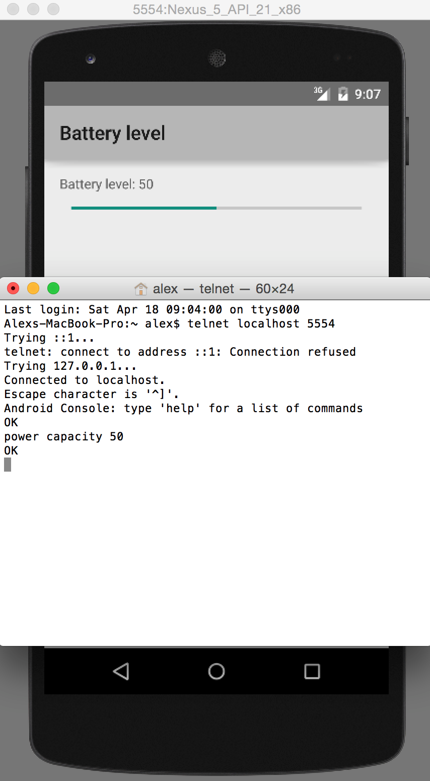 Changed battery level to 50% via terminal