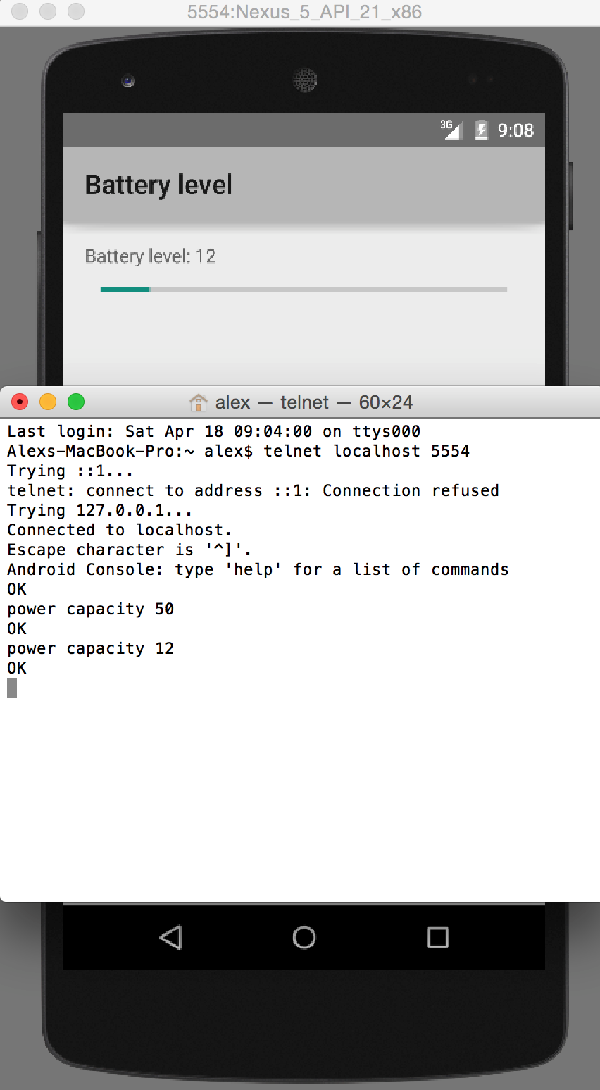 Changed battery level to 12% via terminal